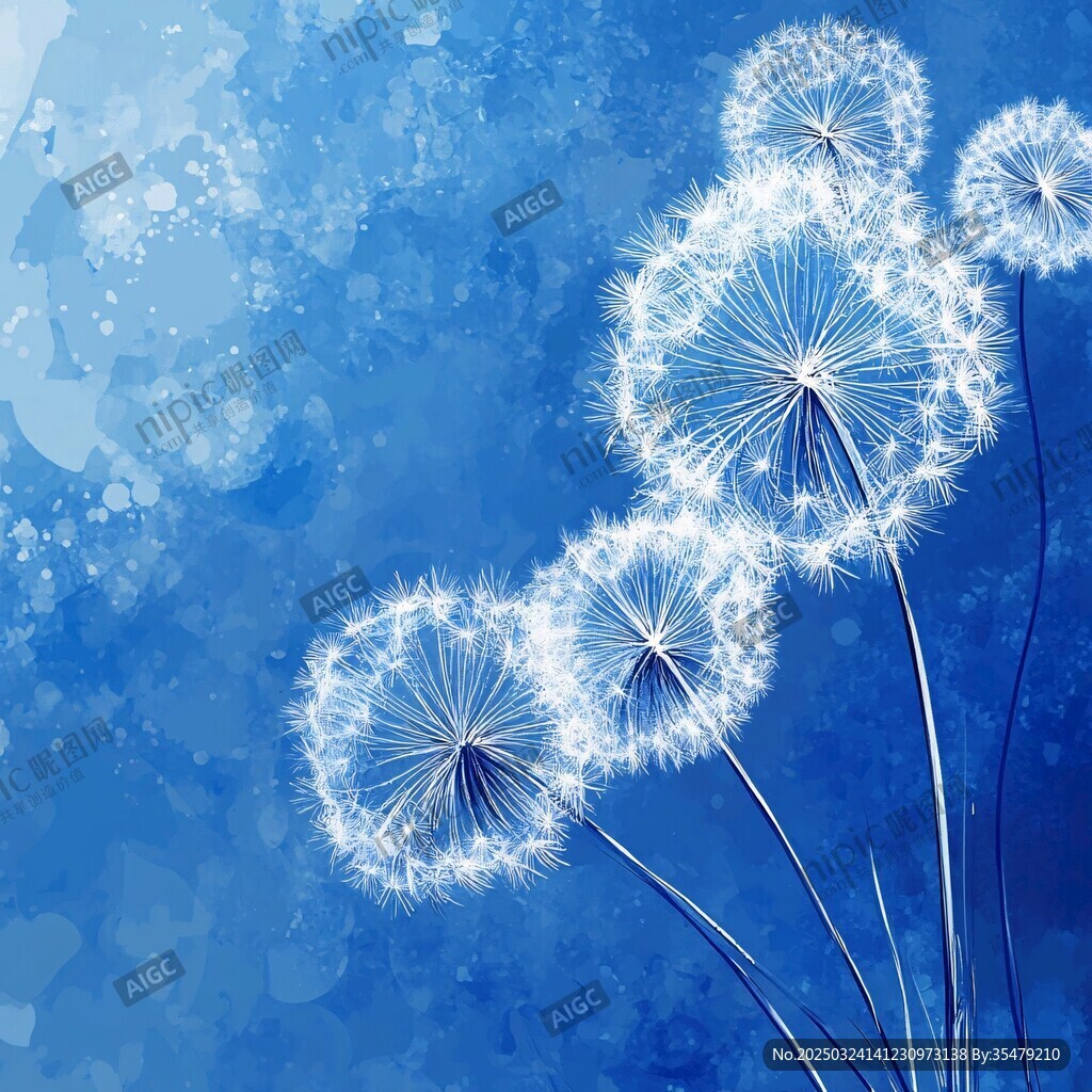 梦幻蓝背景下的蒲公英 梦幻蓝背景下的蒲公英