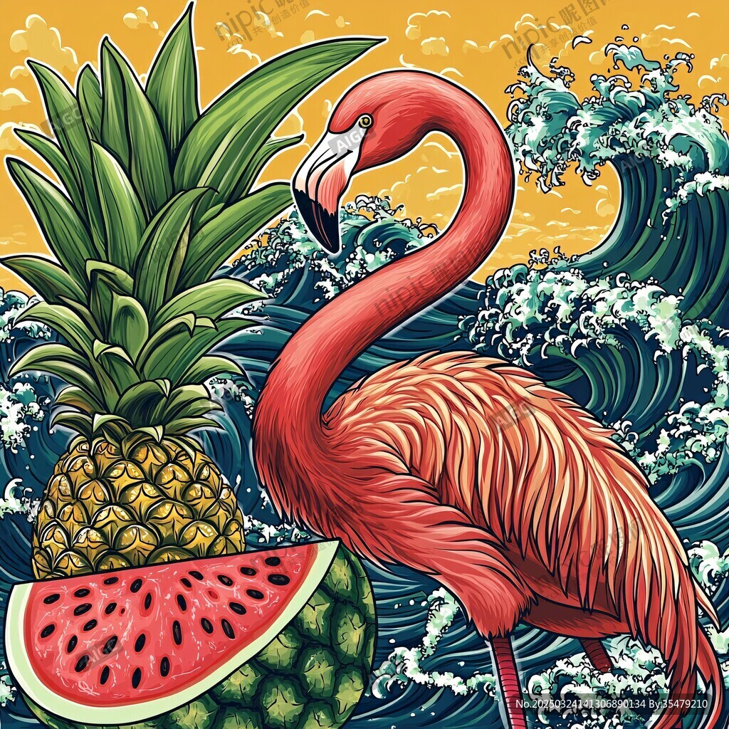 火烈鳥(niǎo)與熱帶水果海浪圖景