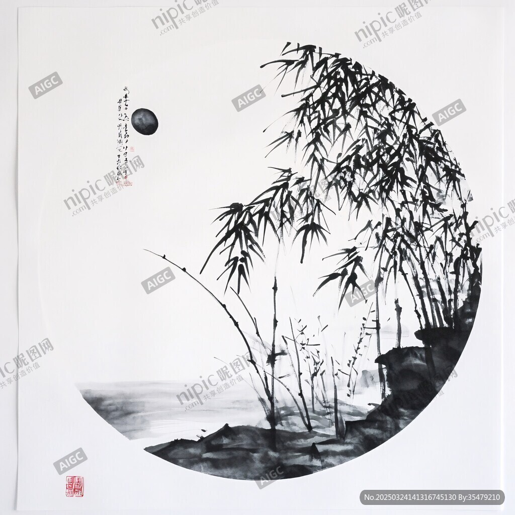 月夜竹影水墨畫意境悠遠