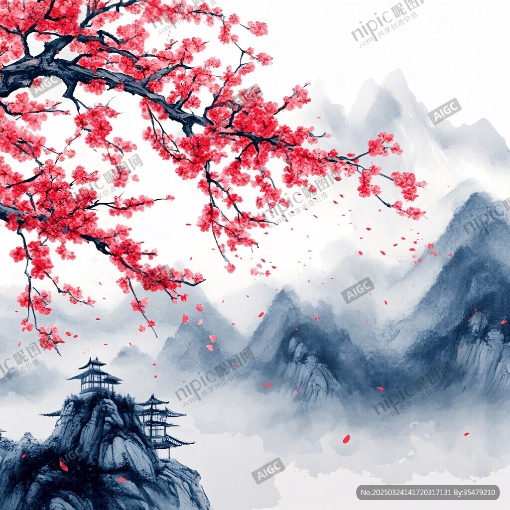 紅梅映山景 古韻悠然