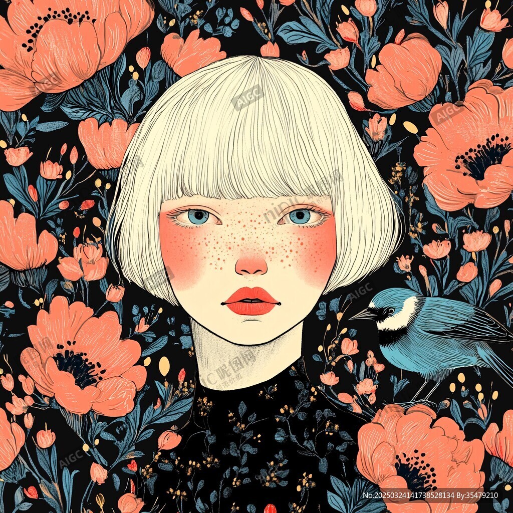 花叢中的短發雀斑少女