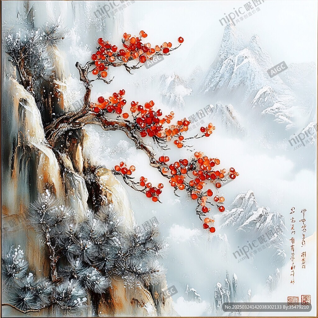 雪中紅梅傲立懸崖