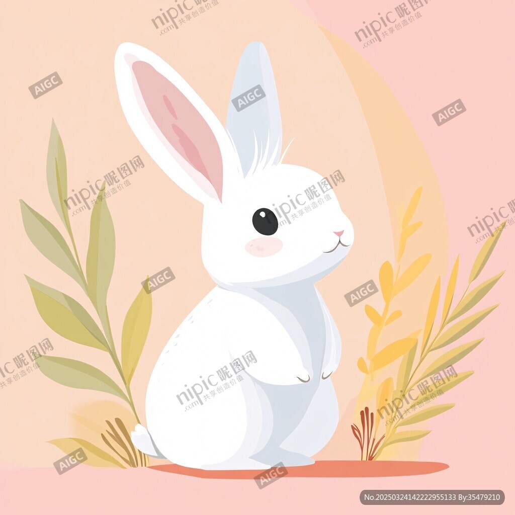可愛白兔與綠植插畫
