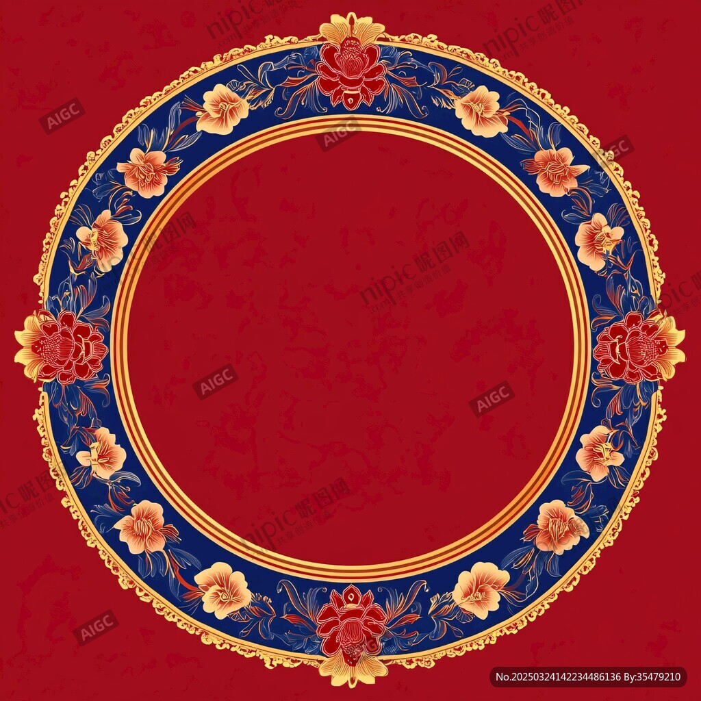 中式紅底金藍(lán)花卉圓環(huán)圖案