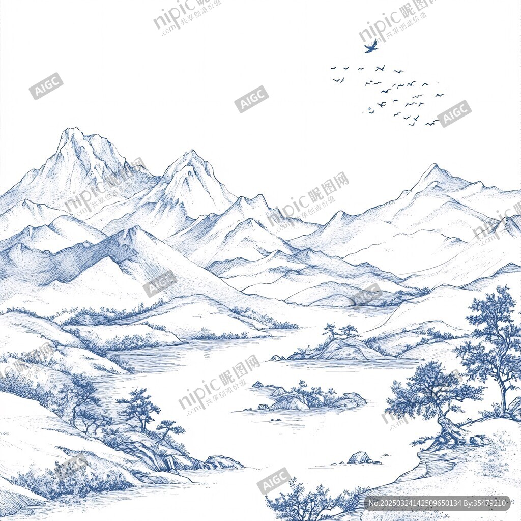 水墨山水間飛鳥伴群山