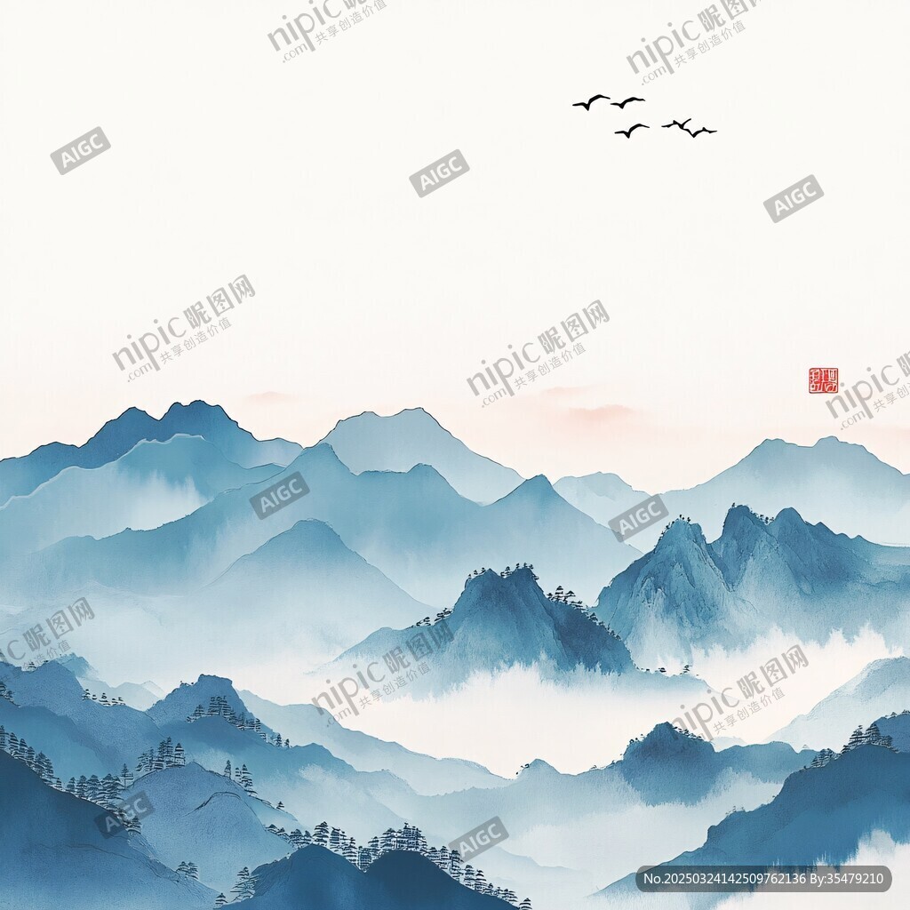 水墨山川飛鳥詩意畫卷