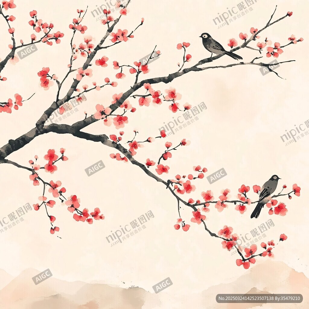 紅梅枝頭雙鳥圖