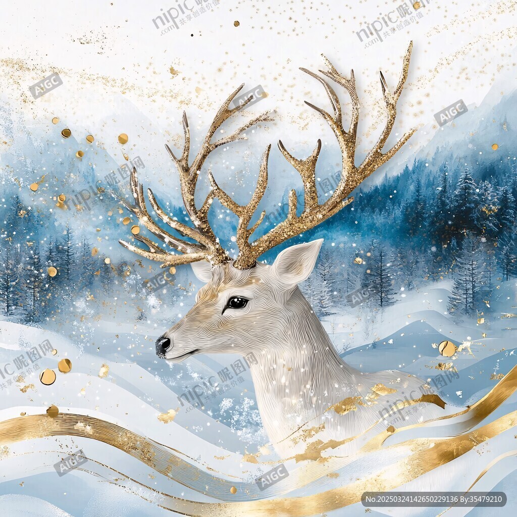 夢(mèng)幻金角白鹿雪景圖