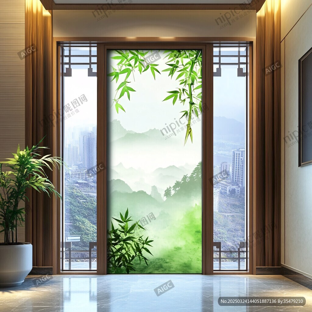 中式玄關竹影山水裝飾畫