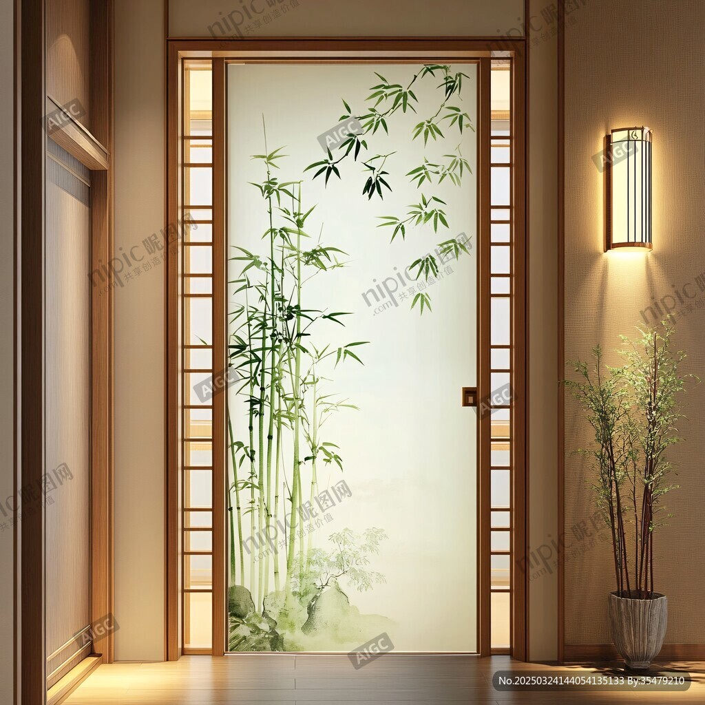 中式竹韻玄關玻璃門裝飾