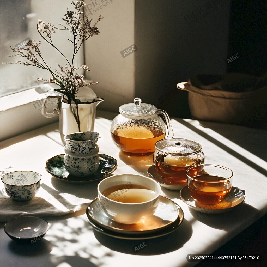 窗前優(yōu)雅的茶具與茶飲