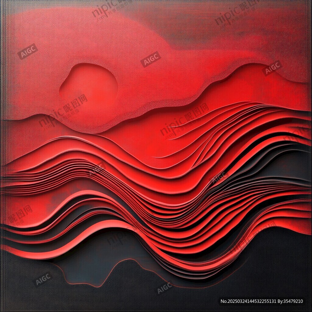 紅色立體波浪日落藝術(shù)畫(huà)