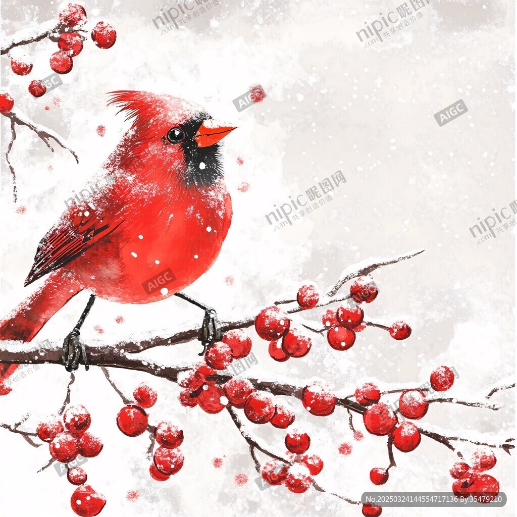 雪中紅雀棲于漿果枝頭