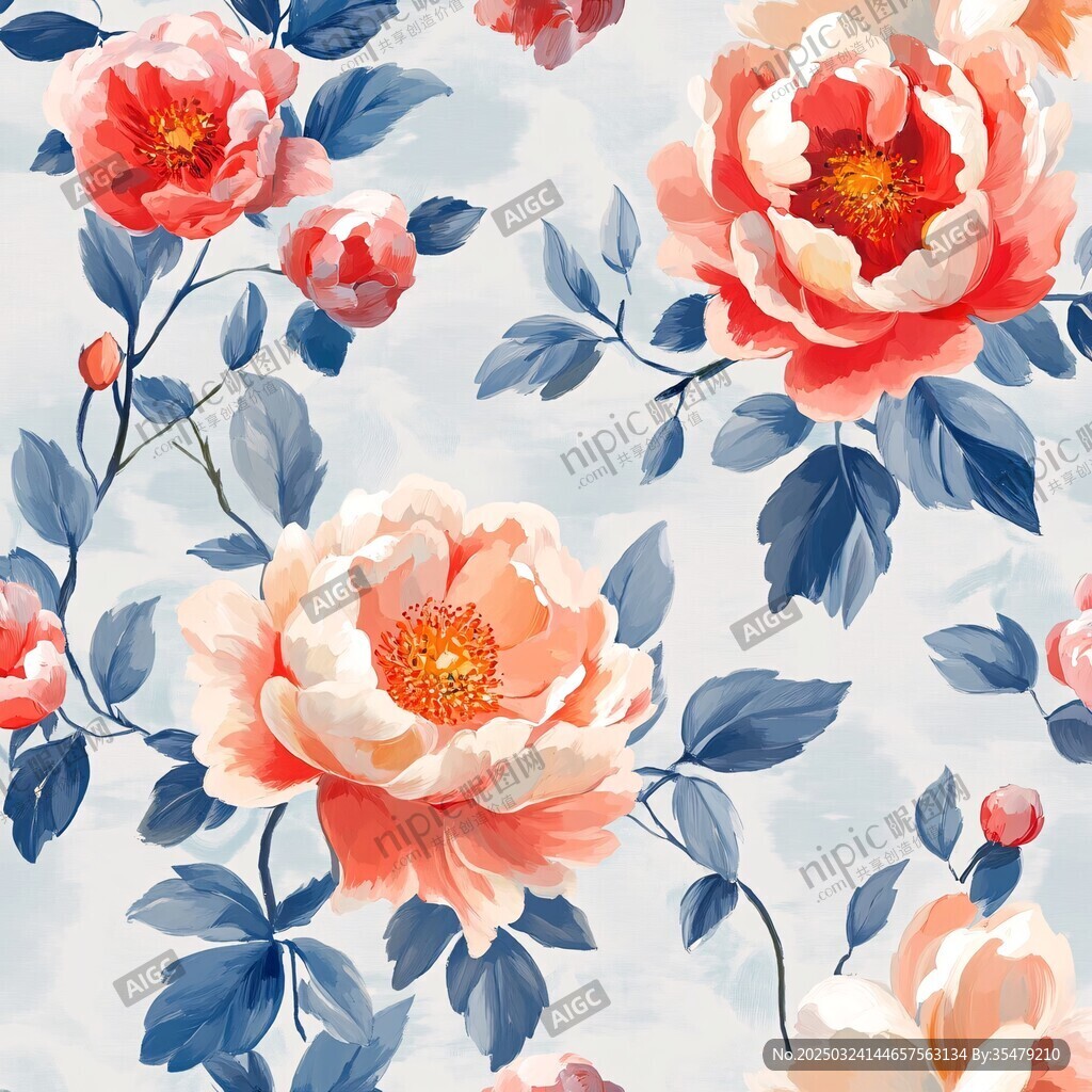 花卉圖案 柔美牡丹與藍葉組合