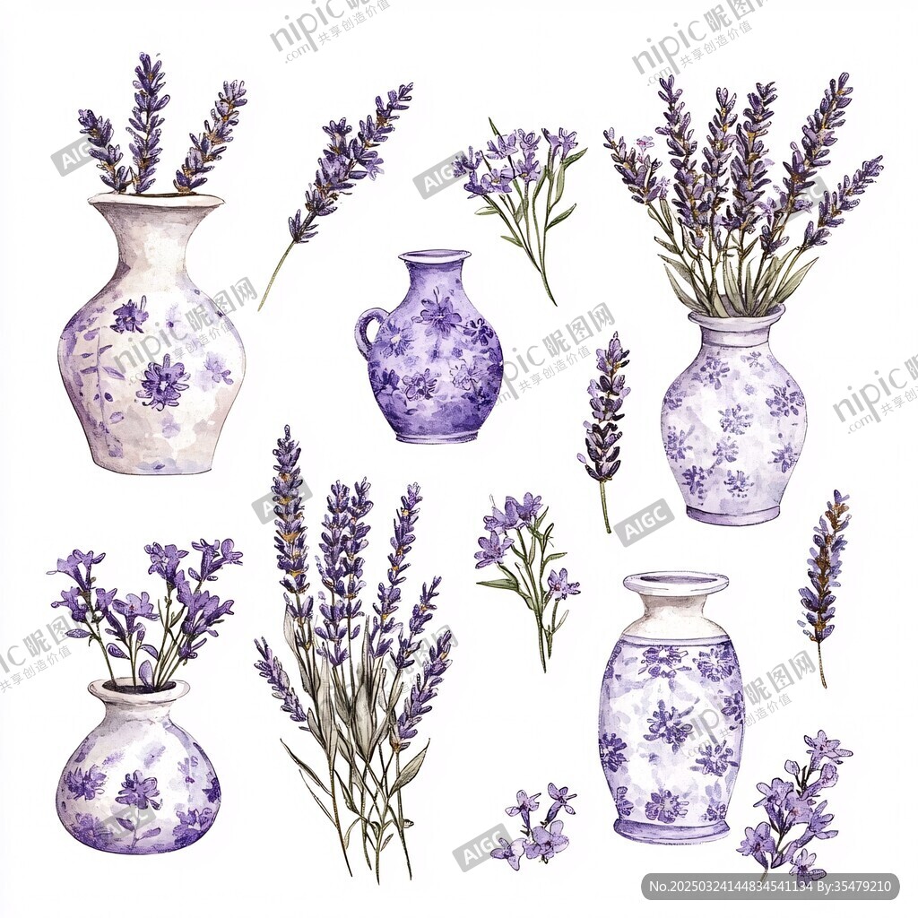 水彩風(fēng)薰衣草花瓶插畫(huà)集合