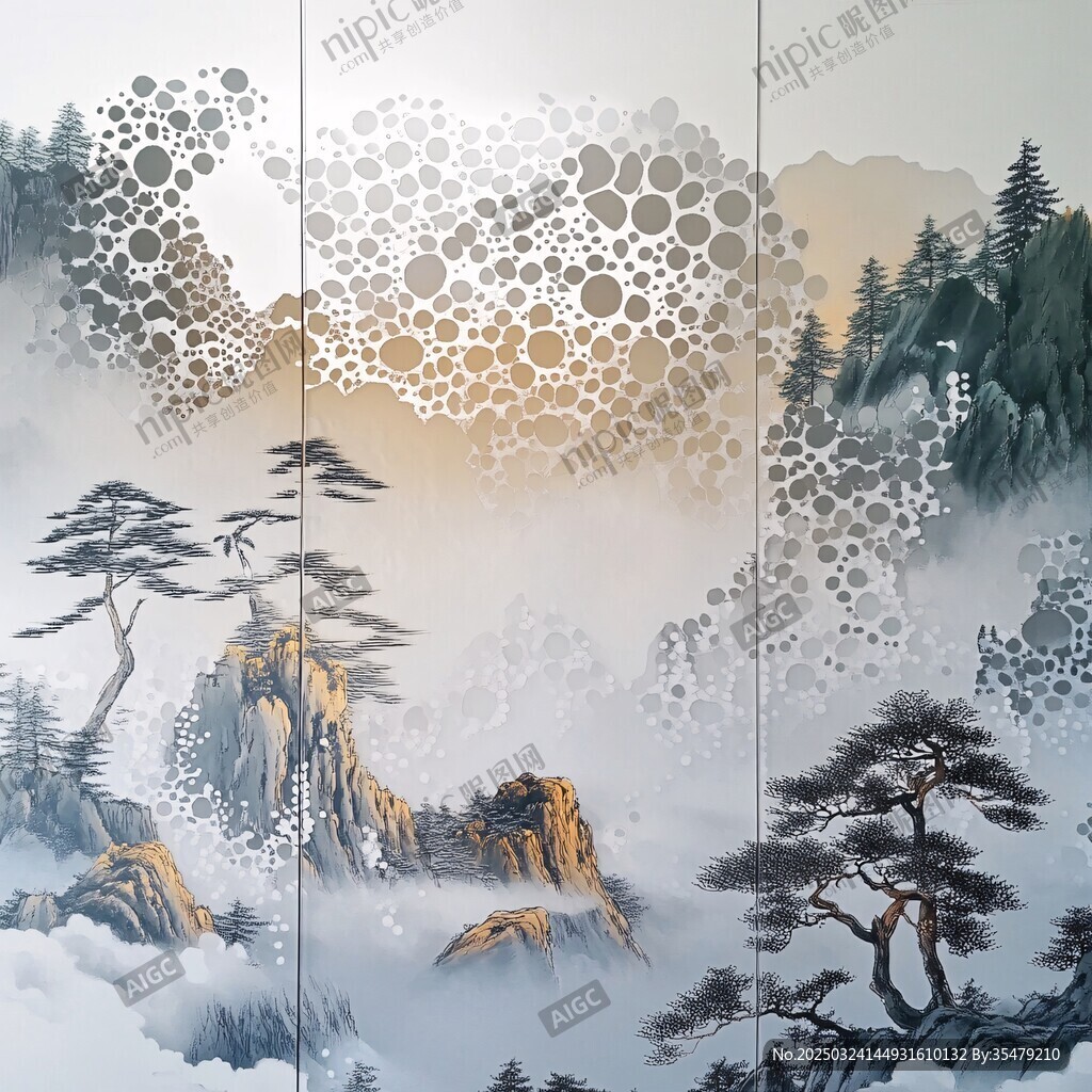 中式水墨山水三聯畫意境美