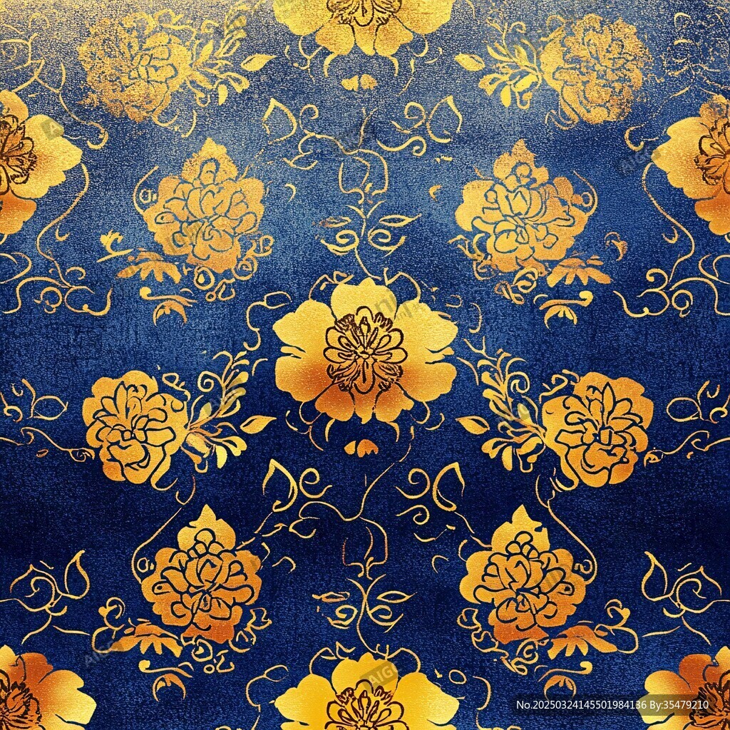 蓝色底金色花卉传统图案 蓝色底金色花卉传统图案