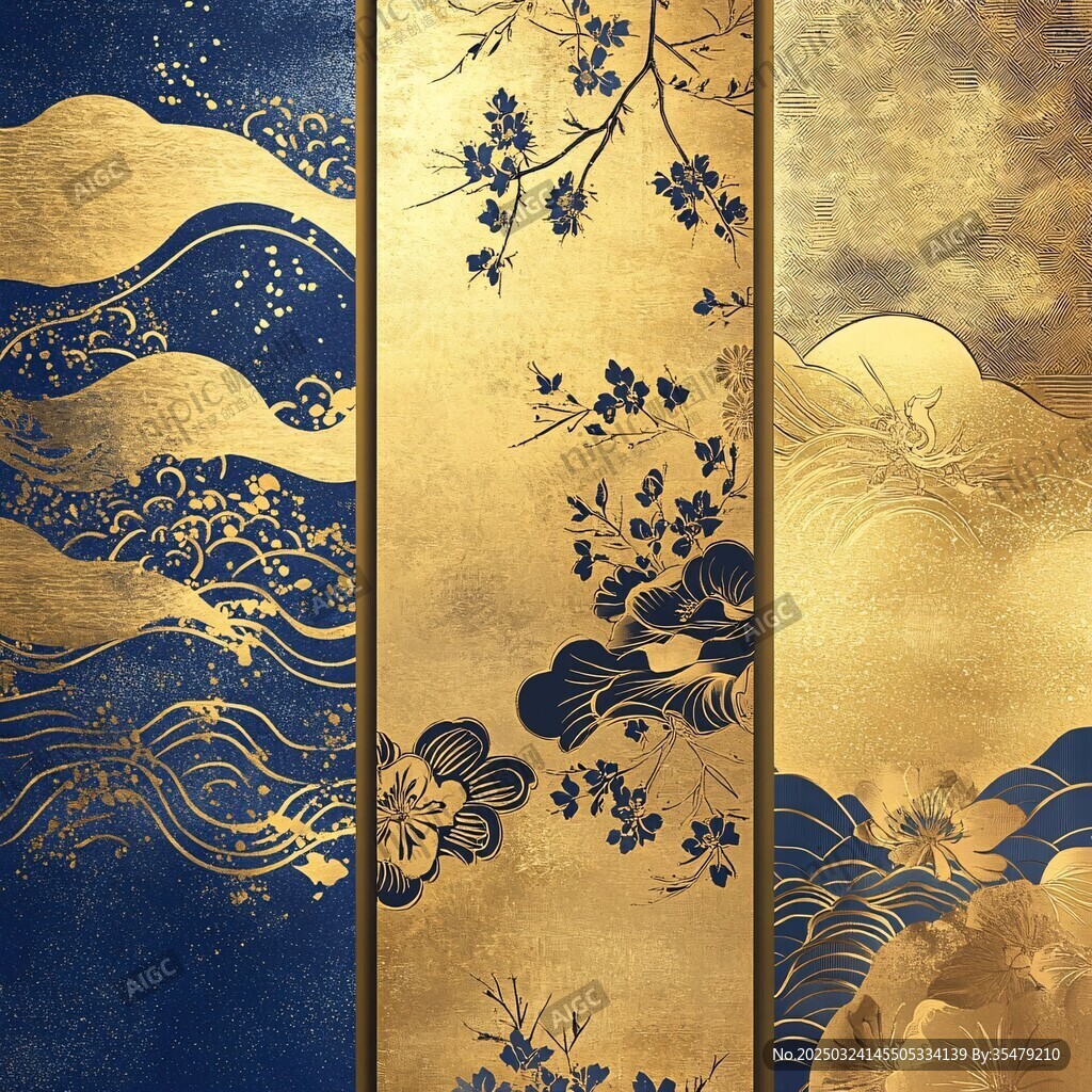 中式金藍(lán)風(fēng)山水花鳥裝飾畫