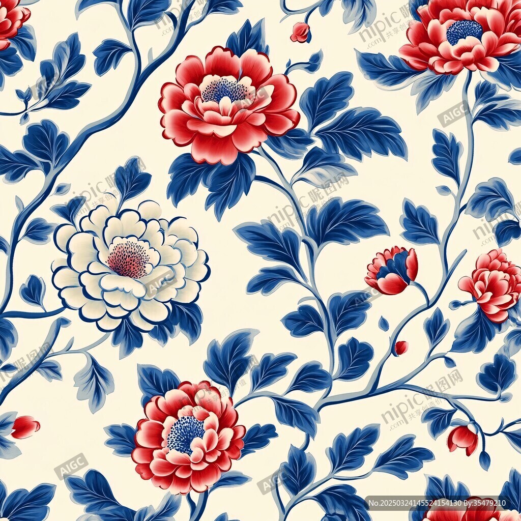 中式牡丹花卉圖案紋樣