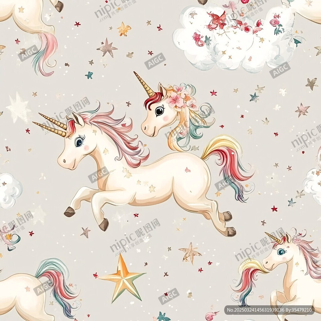 夢幻獨(dú)角獸與星空花卉圖案