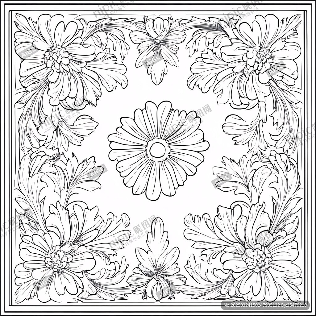 花卉方形線描裝飾圖案