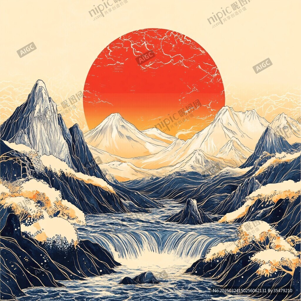 紅日映山川瀑布壯麗景