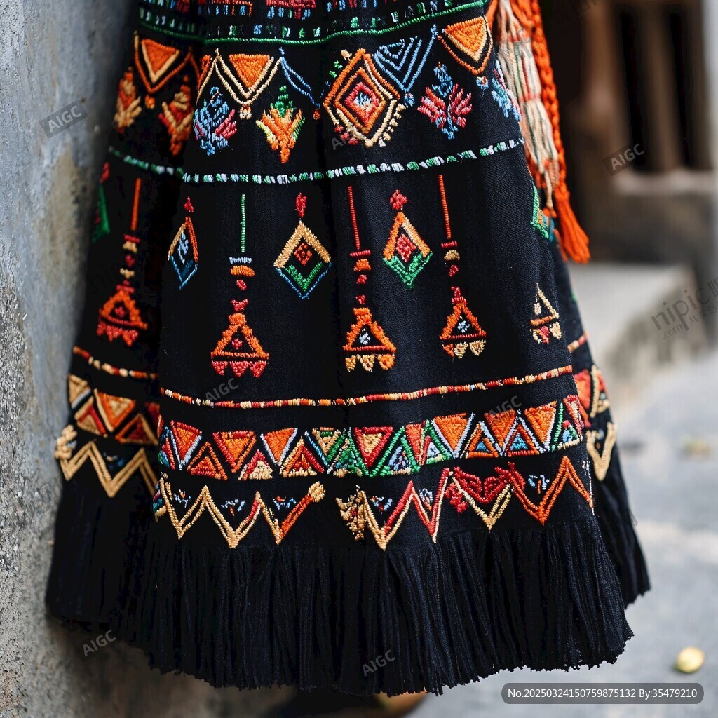 民族風刺繡流蘇裙一角