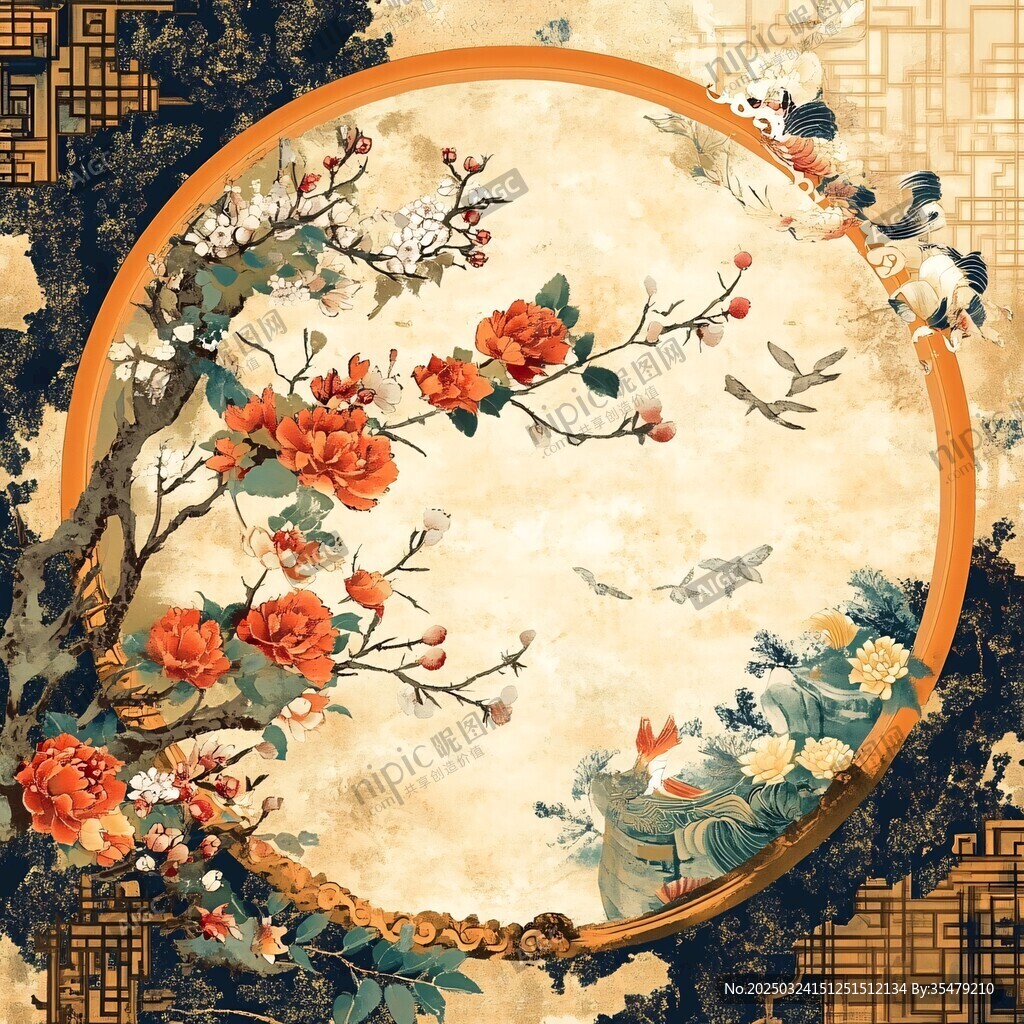 中式花鳥圓形古典裝飾畫
