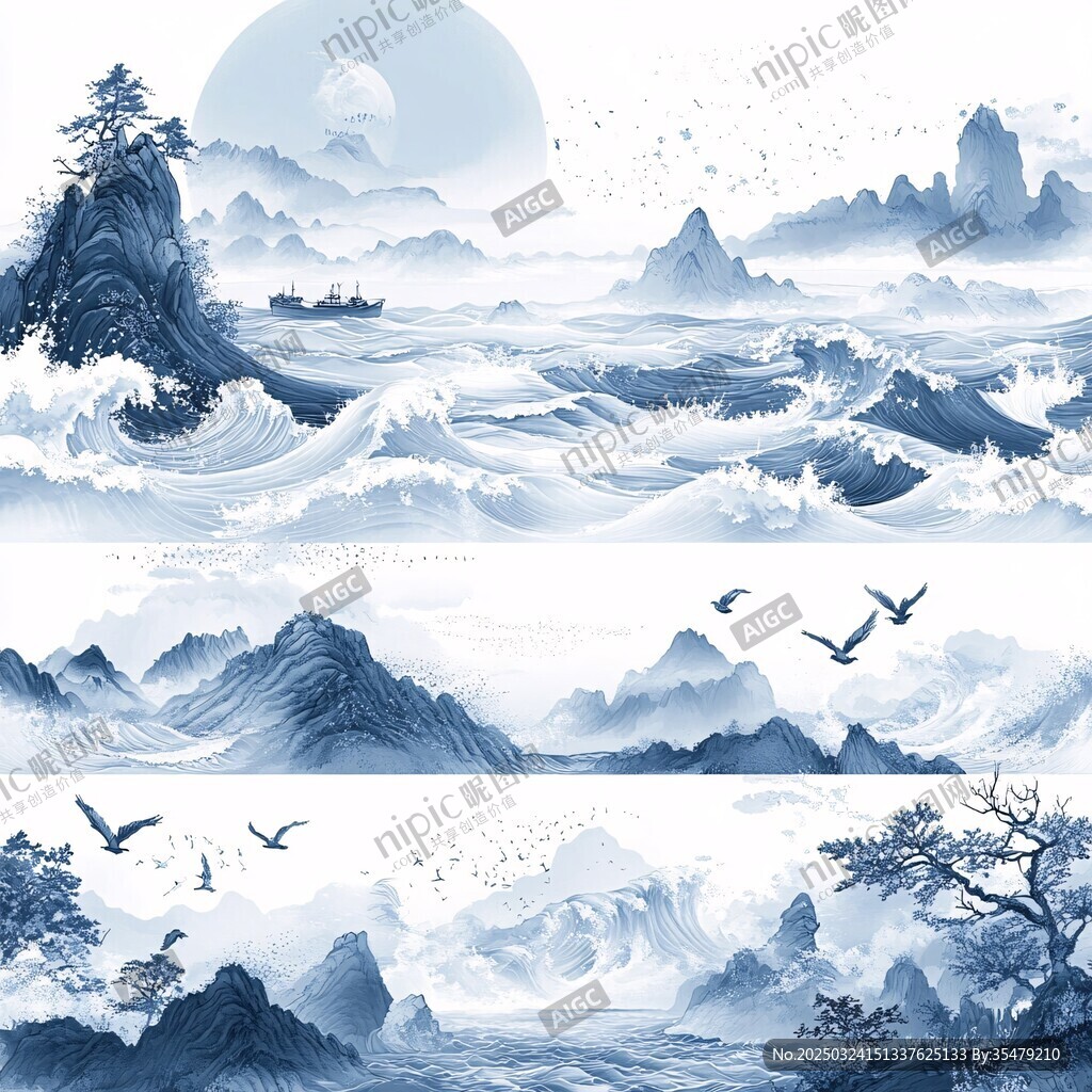 水墨山海間 飛鳥逐浪圖