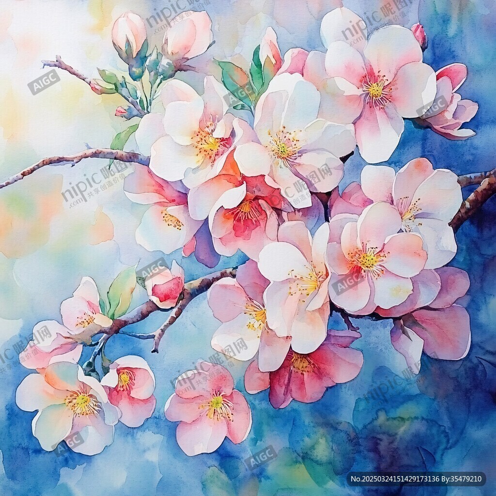 水彩繪就的爛漫桃花枝