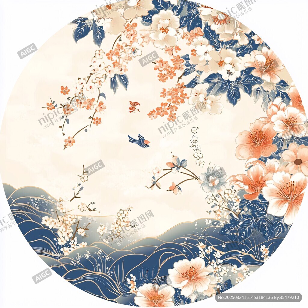中式花鳥海浪圓形國(guó)風(fēng)圖案