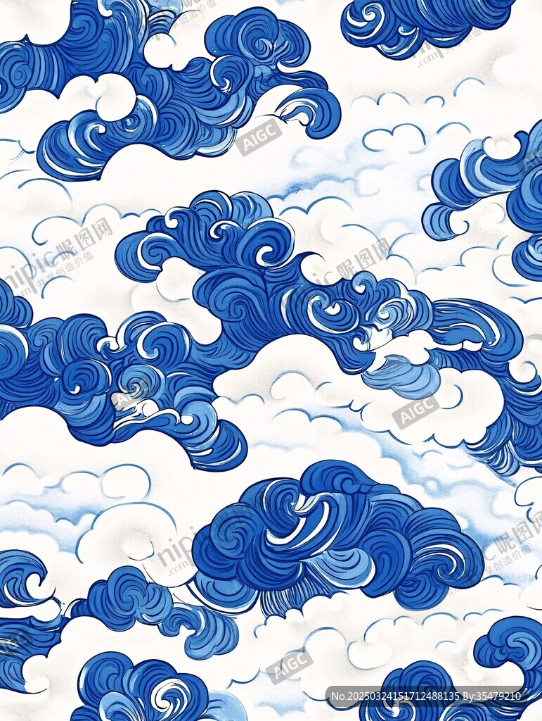 中式藍白海浪云紋圖案