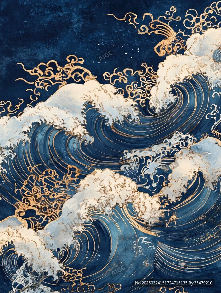 中式金紋海浪古風(fēng)插畫