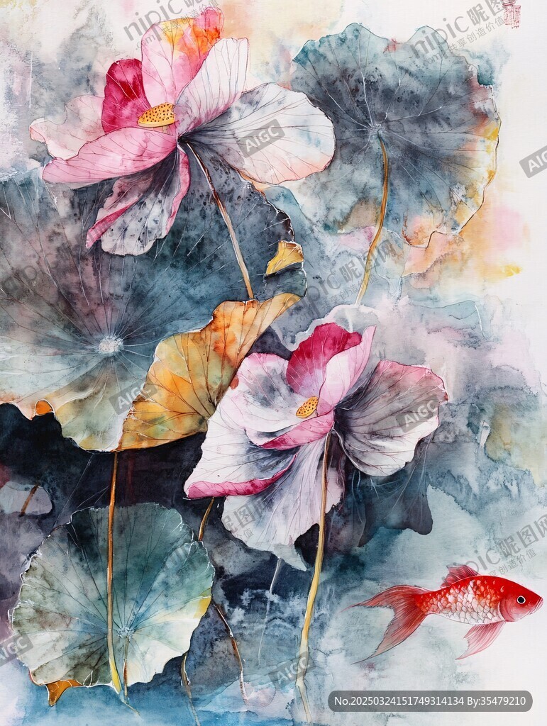 水墨荷花與靈動金魚圖