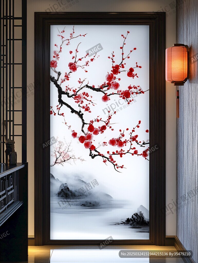 中式玄關(guān)紅梅水墨裝飾畫
