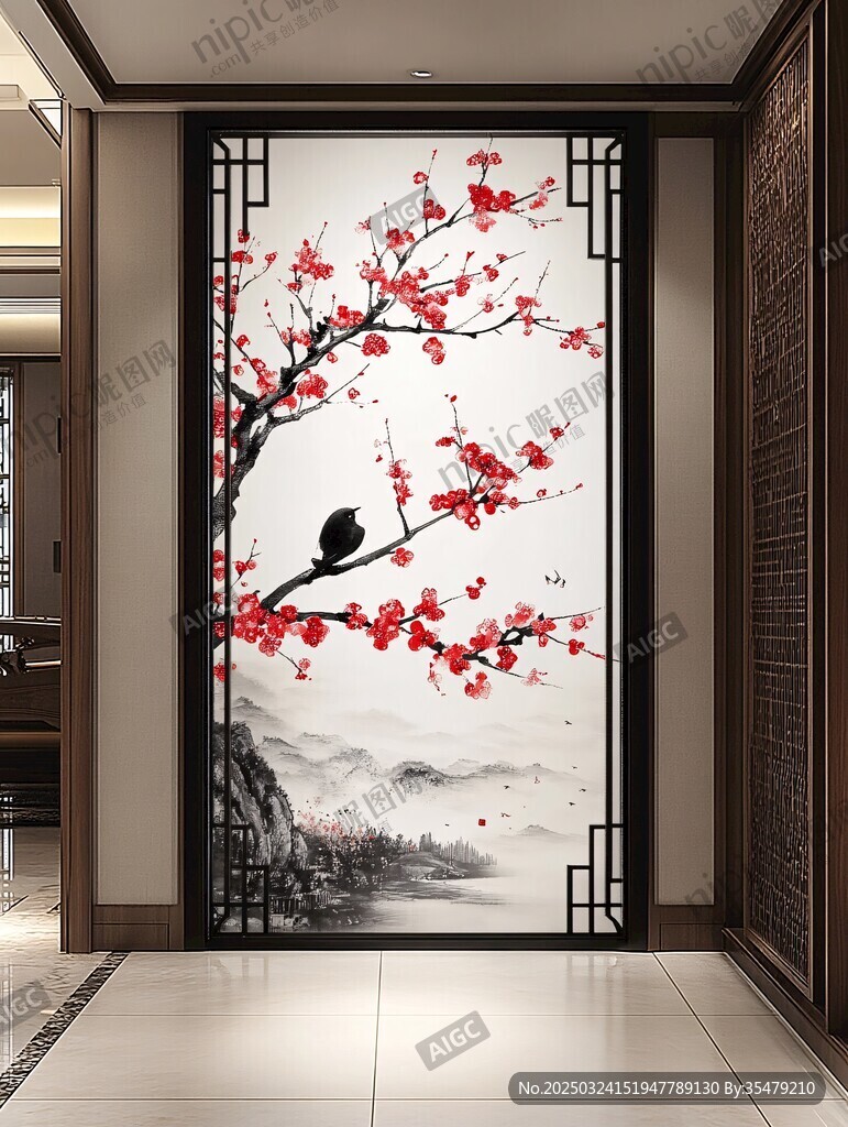 中式玄關紅梅飛鳥裝飾畫