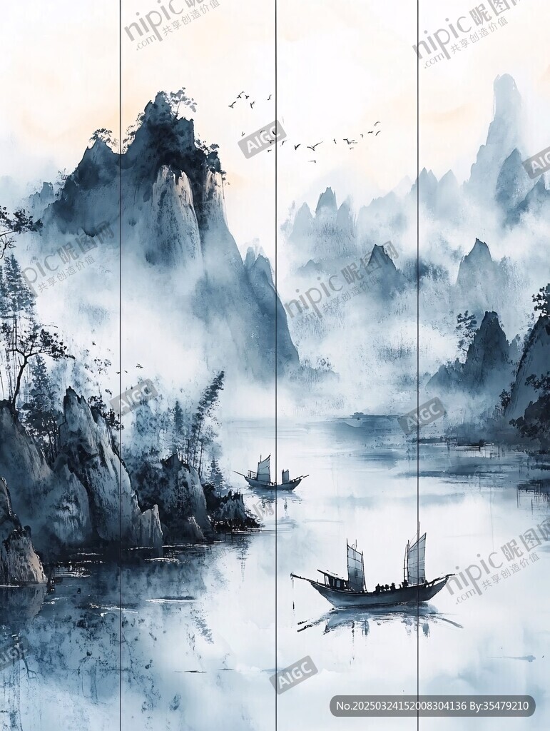 水墨山水間的行舟意境