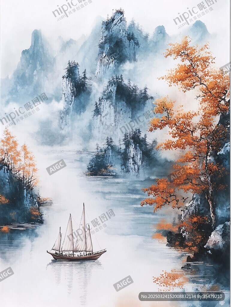 秋江孤舟山水詩意畫卷