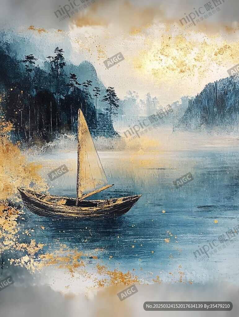 孤舟泛湖景