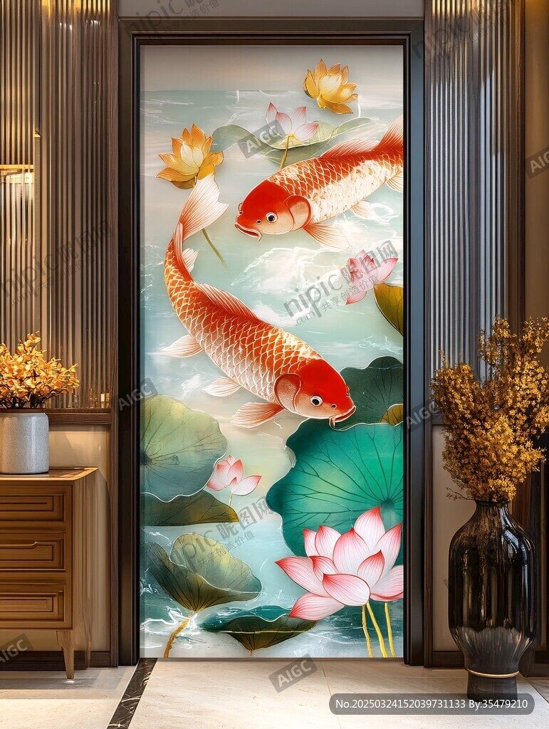 錦鯉荷花玄關藝術裝飾畫