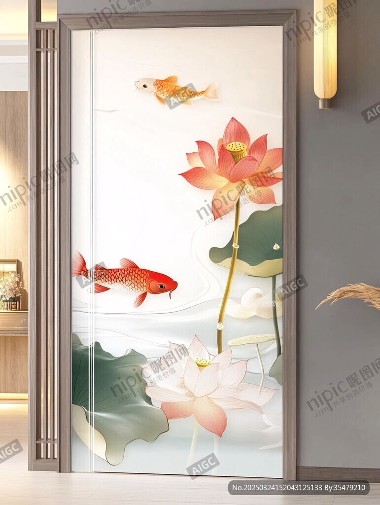 中式荷花錦鯉玄關(guān)裝飾畫(huà)