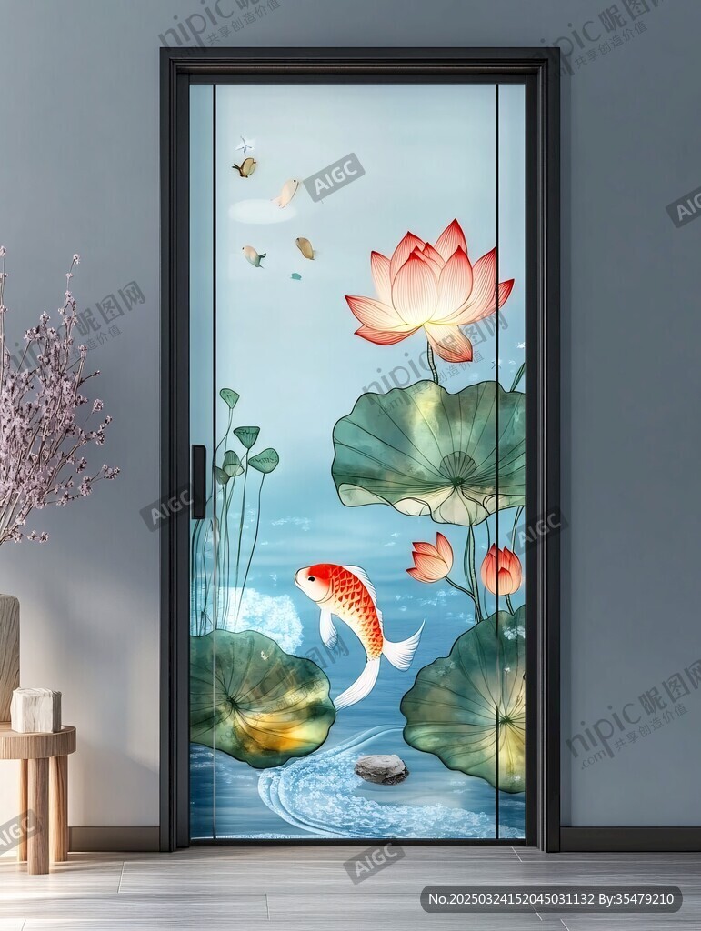 中式荷花錦鯉玻璃門裝飾