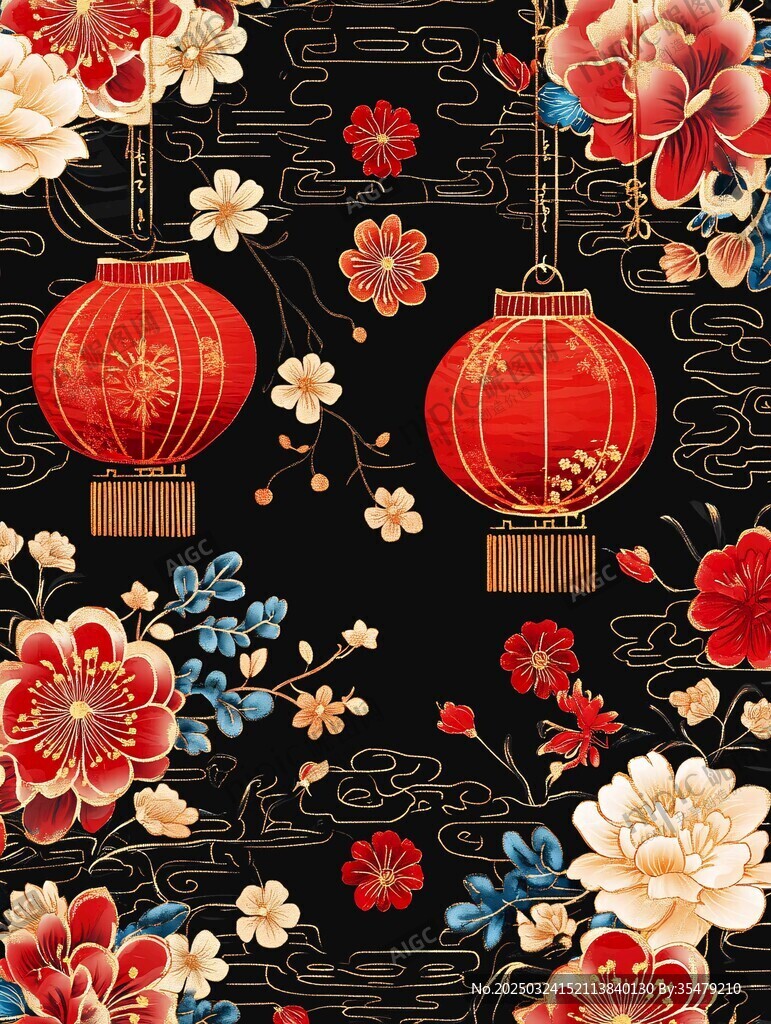 中式喜慶燈籠花卉圖案