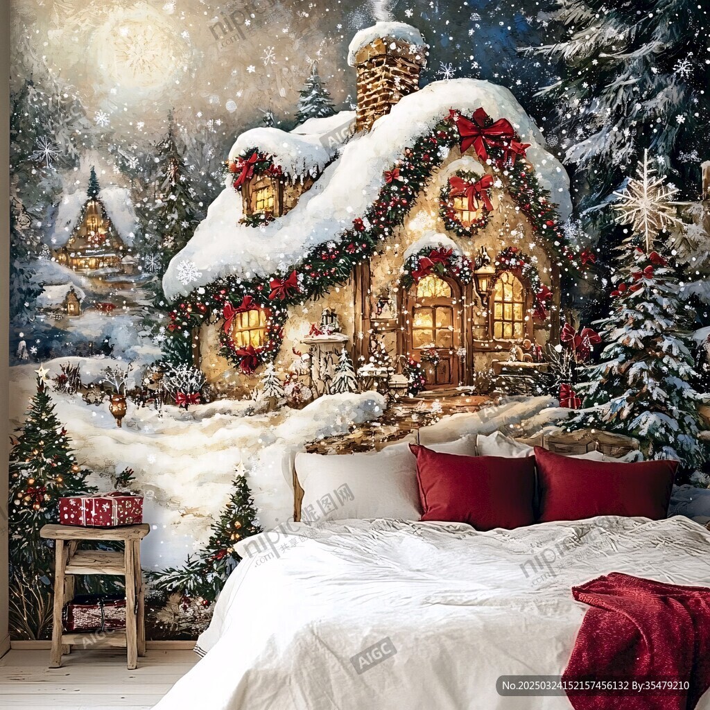 夢幻圣誕小屋雪景臥室圖