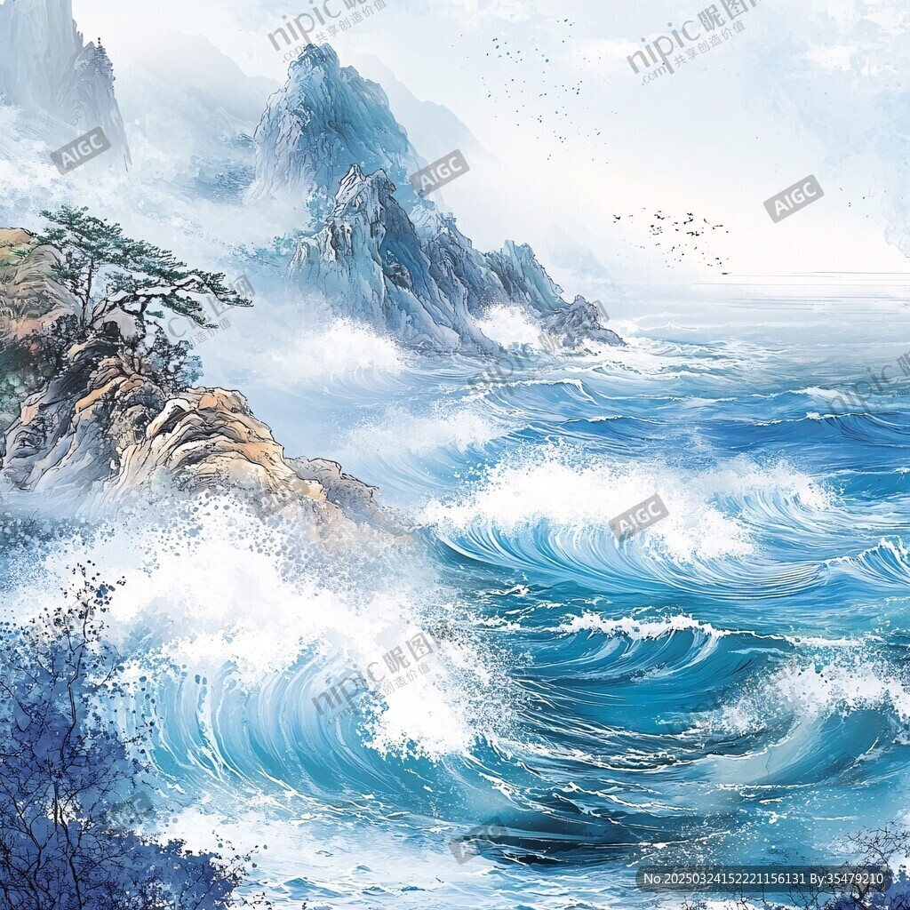 海浪拍岸 山間云涌之景