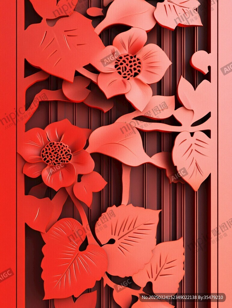 紅色花卉立體剪紙藝術