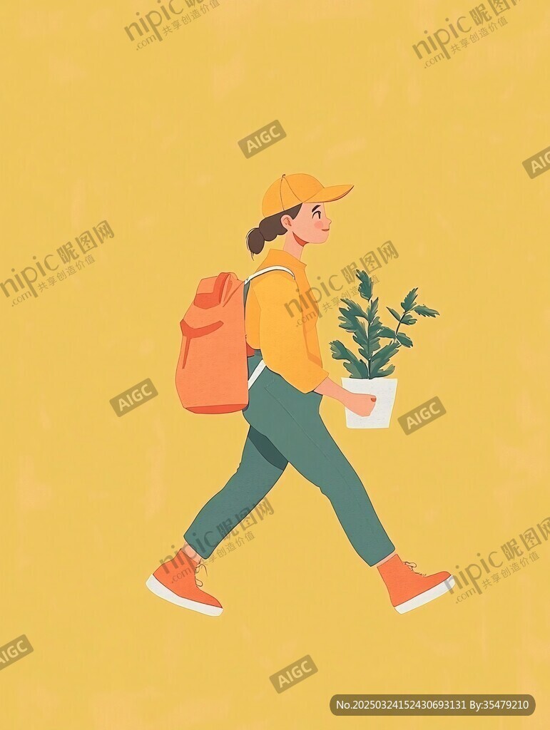 女孩背著包手持綠植前行