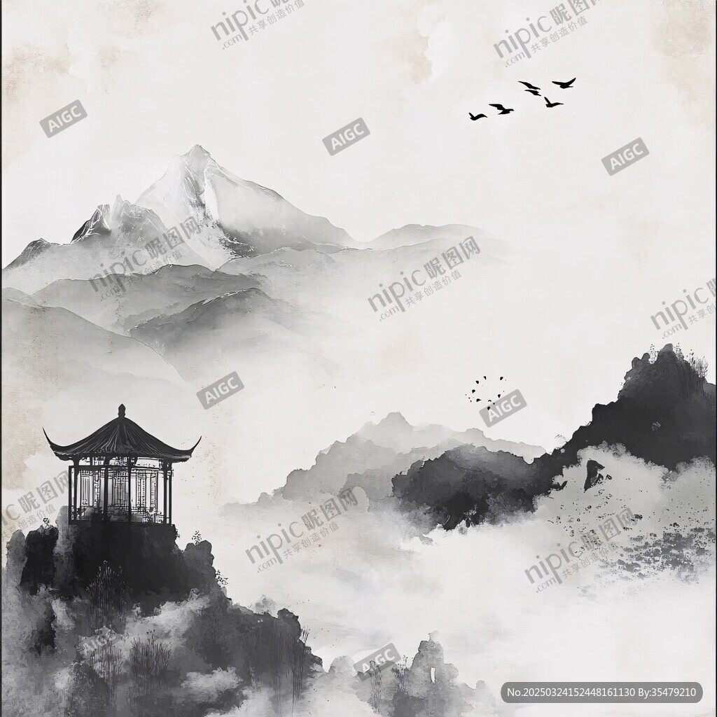 水墨山間亭 飛鳥入云景