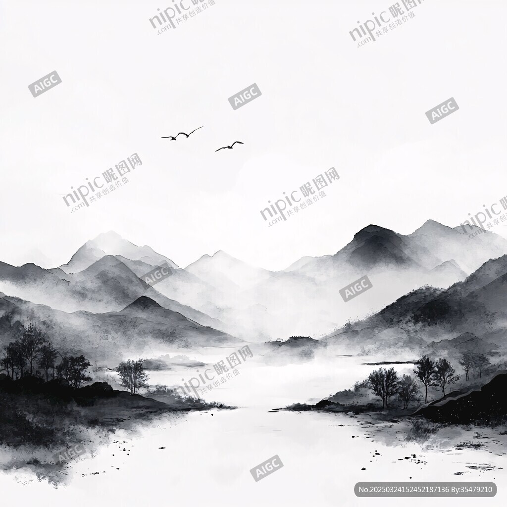 水墨山水間飛鳥越重巒