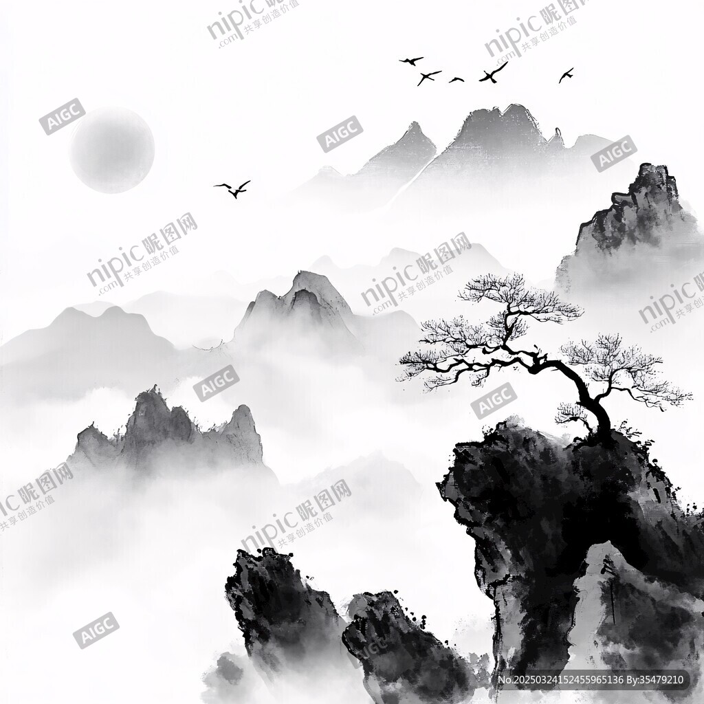 水墨山水間的孤松飛鳥
